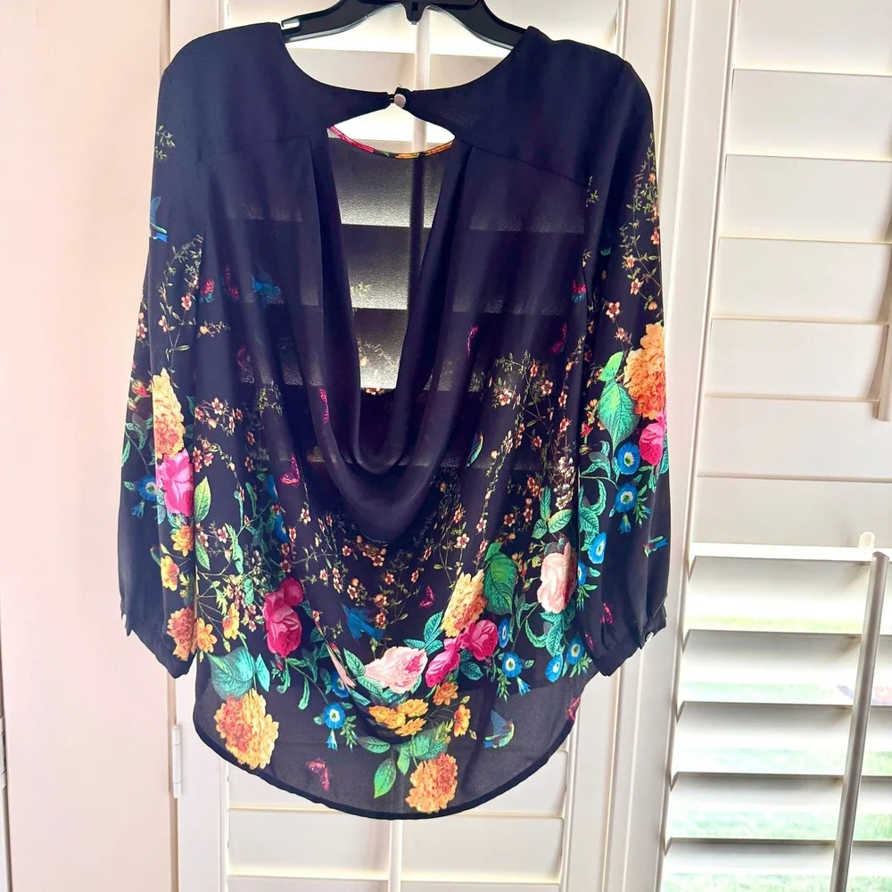 Meraki Floral Butterfly Birds Draped Open Back Blouse Black Large Cottage Whimsy